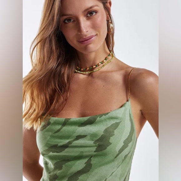 NWT Vix Surya Details Cowl Neck Camo Long Asymmetrical Dress with Gold Hardware - Picture 3 of 16